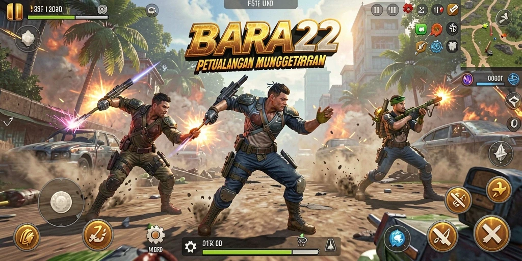 Tampilan dinamis dari gameplay BARA22 yang penuh aksi.