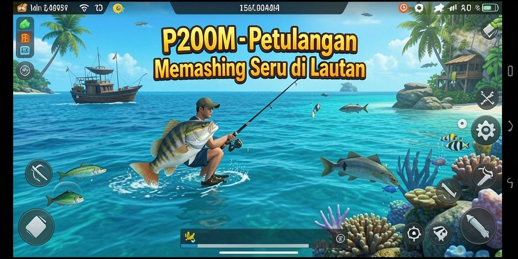 Screenshot gameplay P200M yang menunjukkan aksi memancing seru di laut.