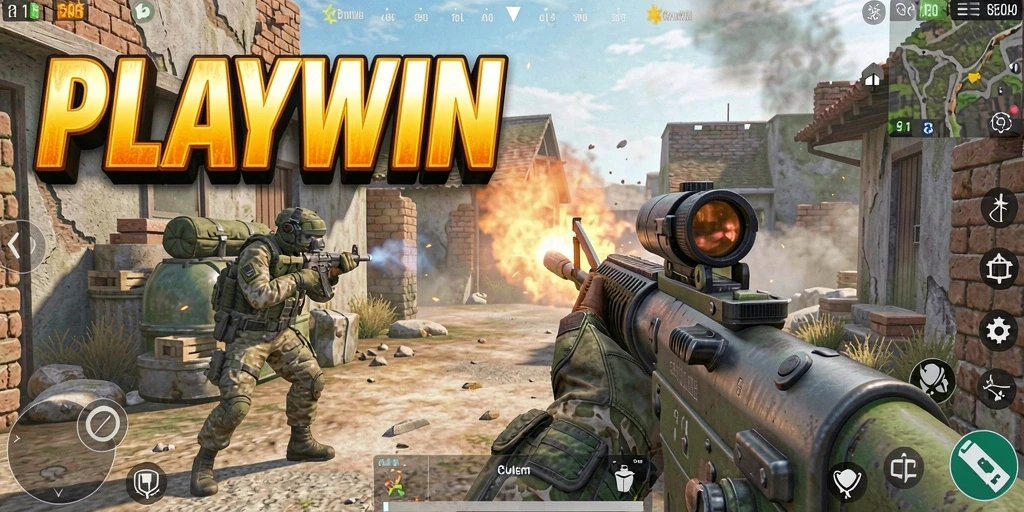 Tangkapan layar gameplay PLAYWIN menampilkan aksi menegangkan di arena pertempuran.