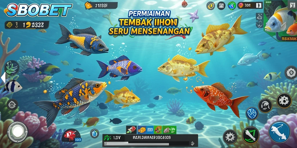 Screenshot utama gameplay Tembak Ikan SBOBET yang penuh warna.