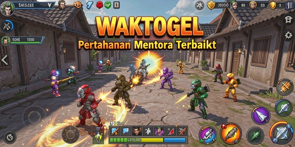 Screenshot gameplay WAKTOGEL menampilkan aksi pertahanan menara yang intens.